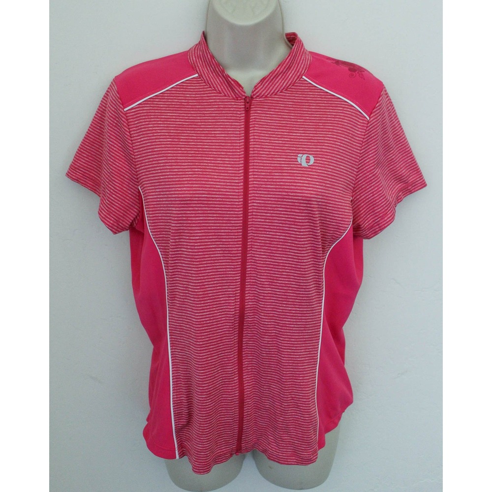 Pearl Izumi Cycling Jersey Women Large Pink Striped Full Zip Short Sleeve Pocket